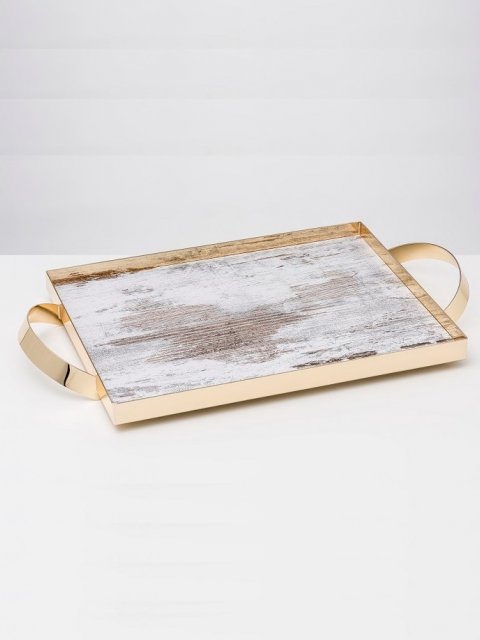 Gold-plated tray with wood 43 x 33