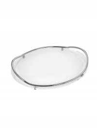 Transparent oval tray with silver hands.